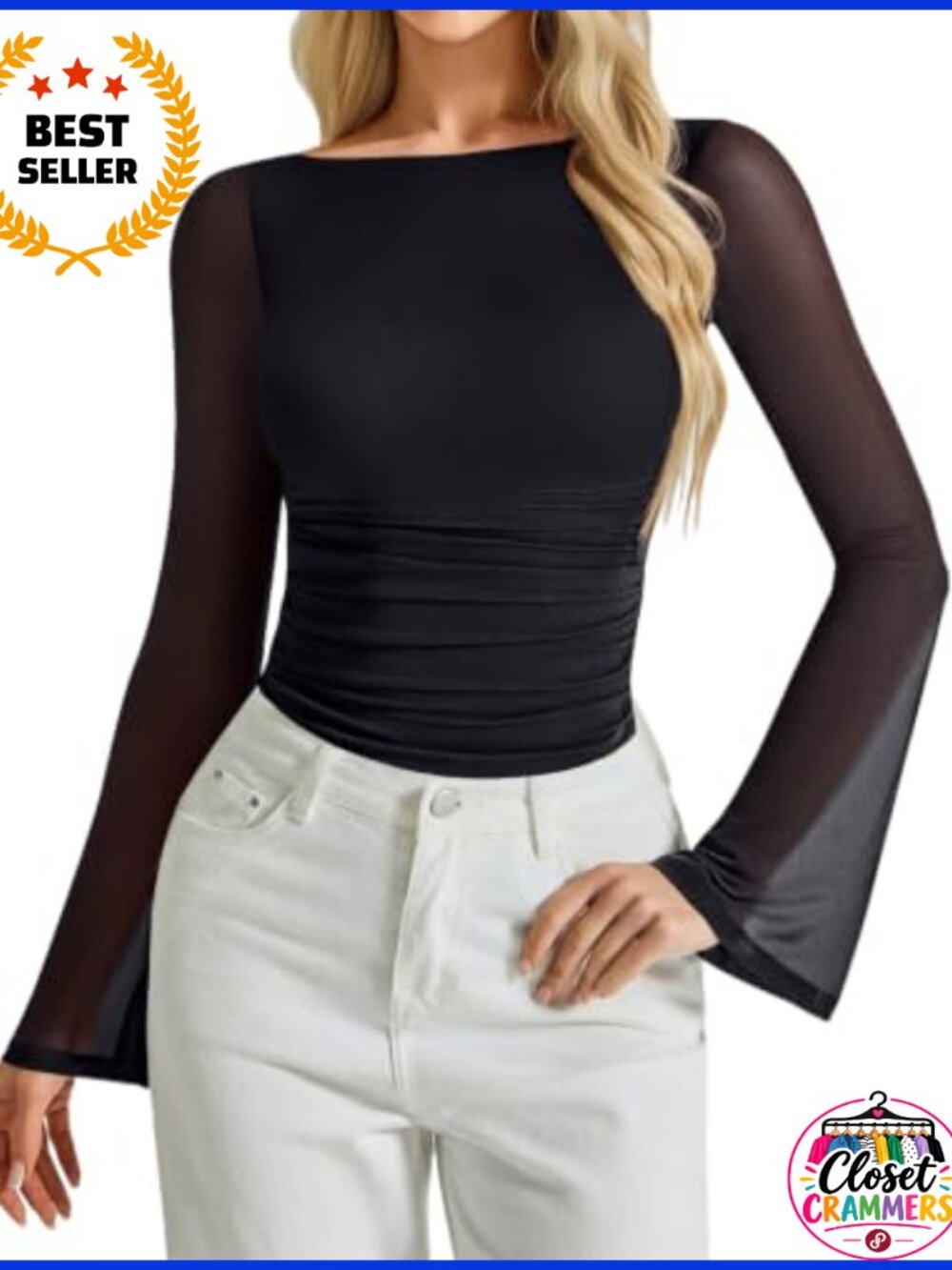 Backless Mesh Ruched Bodysuit Long Bell Sleeve Boat Neck Going Out